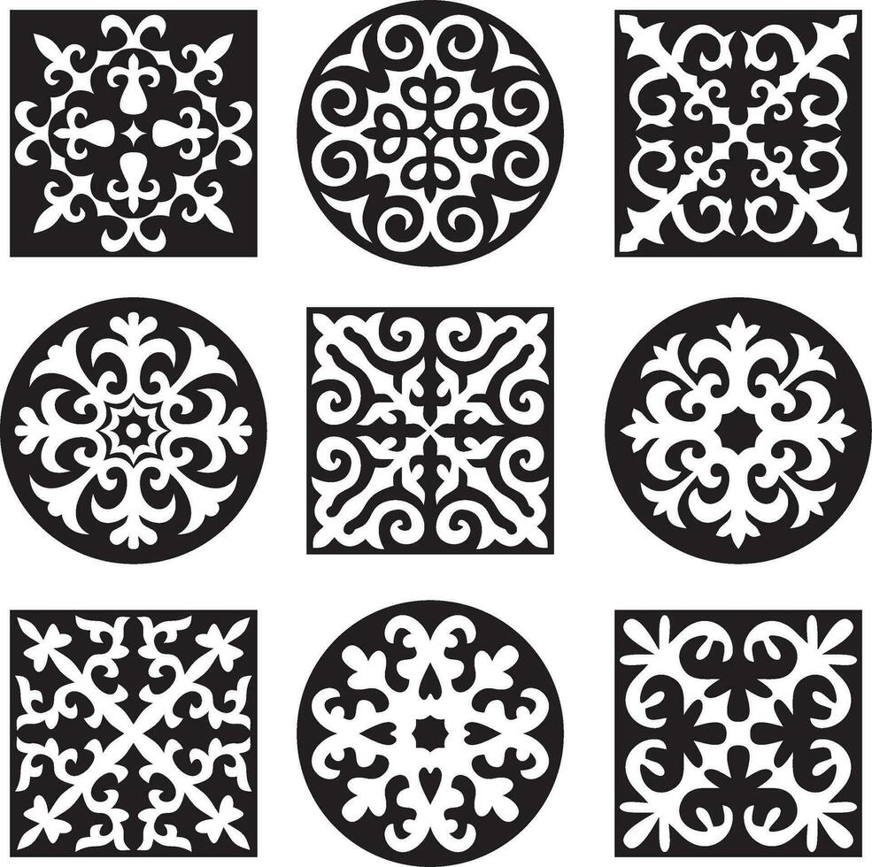 vettore impostato di nero monocromatico segni kazakh nazionale ornamento. etnico modello di il popoli di il grande steppa, .mongoli, kirghiso, calmucchi, buriati. telaio confine