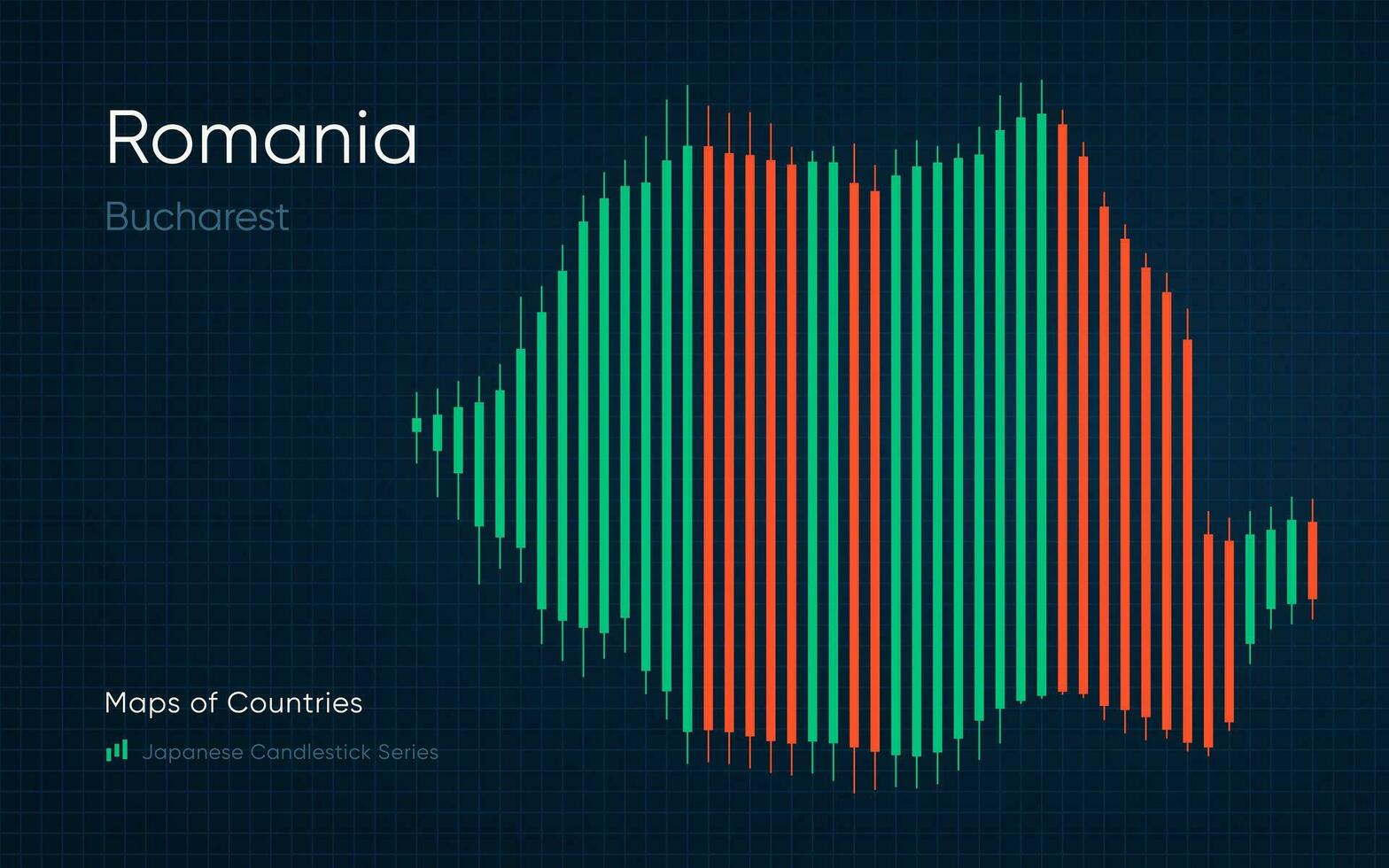 Romania carta geografica è mostrato nel un' grafico con barre e Linee. giapponese candeliere grafico serie vettore