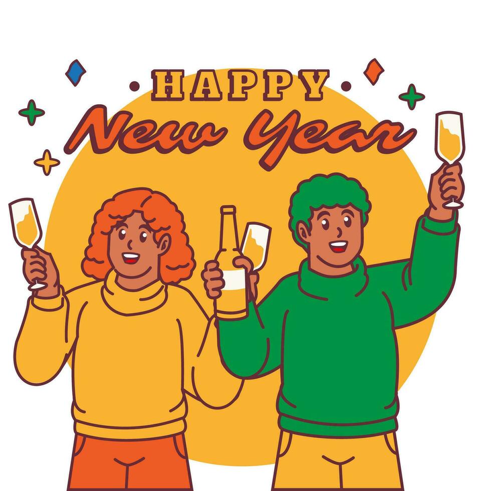 contento nuovo anno allegro giovane uomo e donna con bicchieri di Champagne vettore