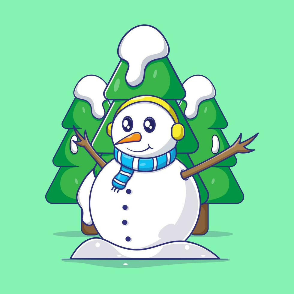 carino illustrazione cartone animato scena di pupazzo di neve con abete alberi nel inverno le stagioni. vettore cartone animato illustrazione per celebrare il inverno