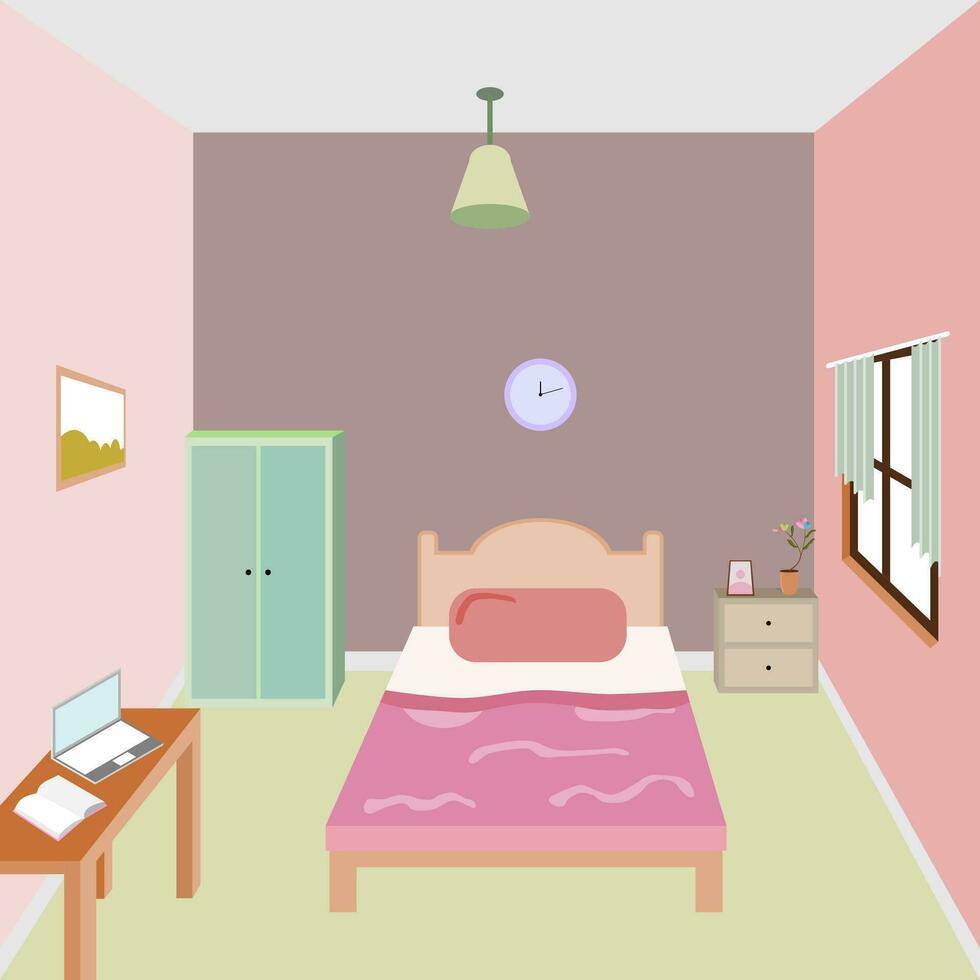 Camera da letto interno cartone animato design vettore illustrazione.