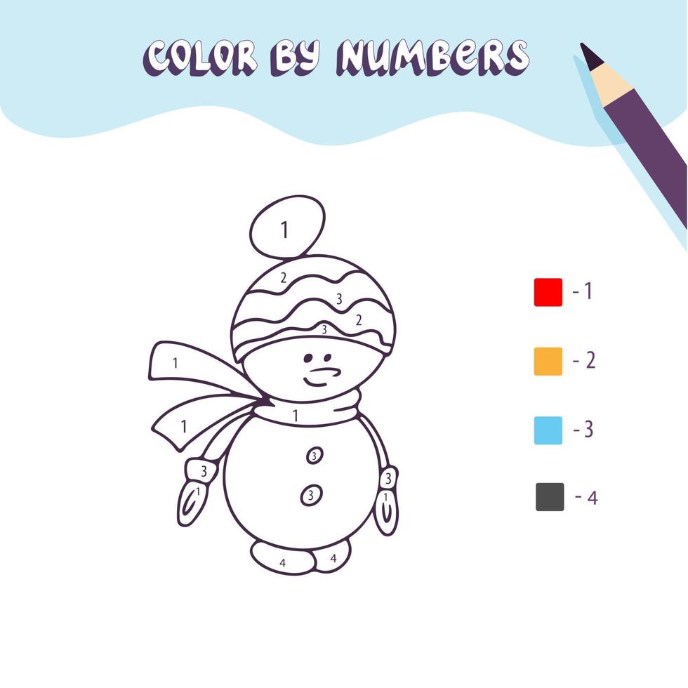 pagina da colorare con simpatico pupazzo di neve di natale. colore con i numeri. gioco educativo per bambini, disegno di attività per bambini, foglio di lavoro stampabile. vettore