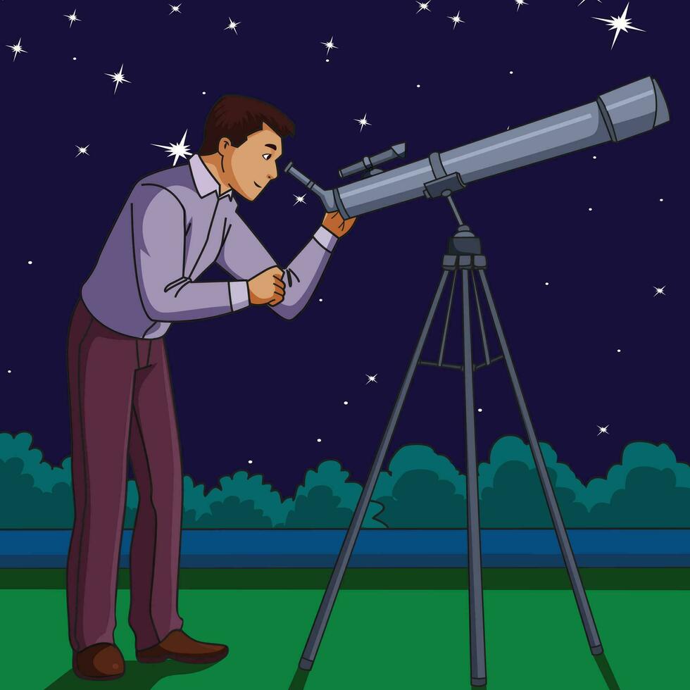 uomo guardare attraverso telescopio illustrazione vettore