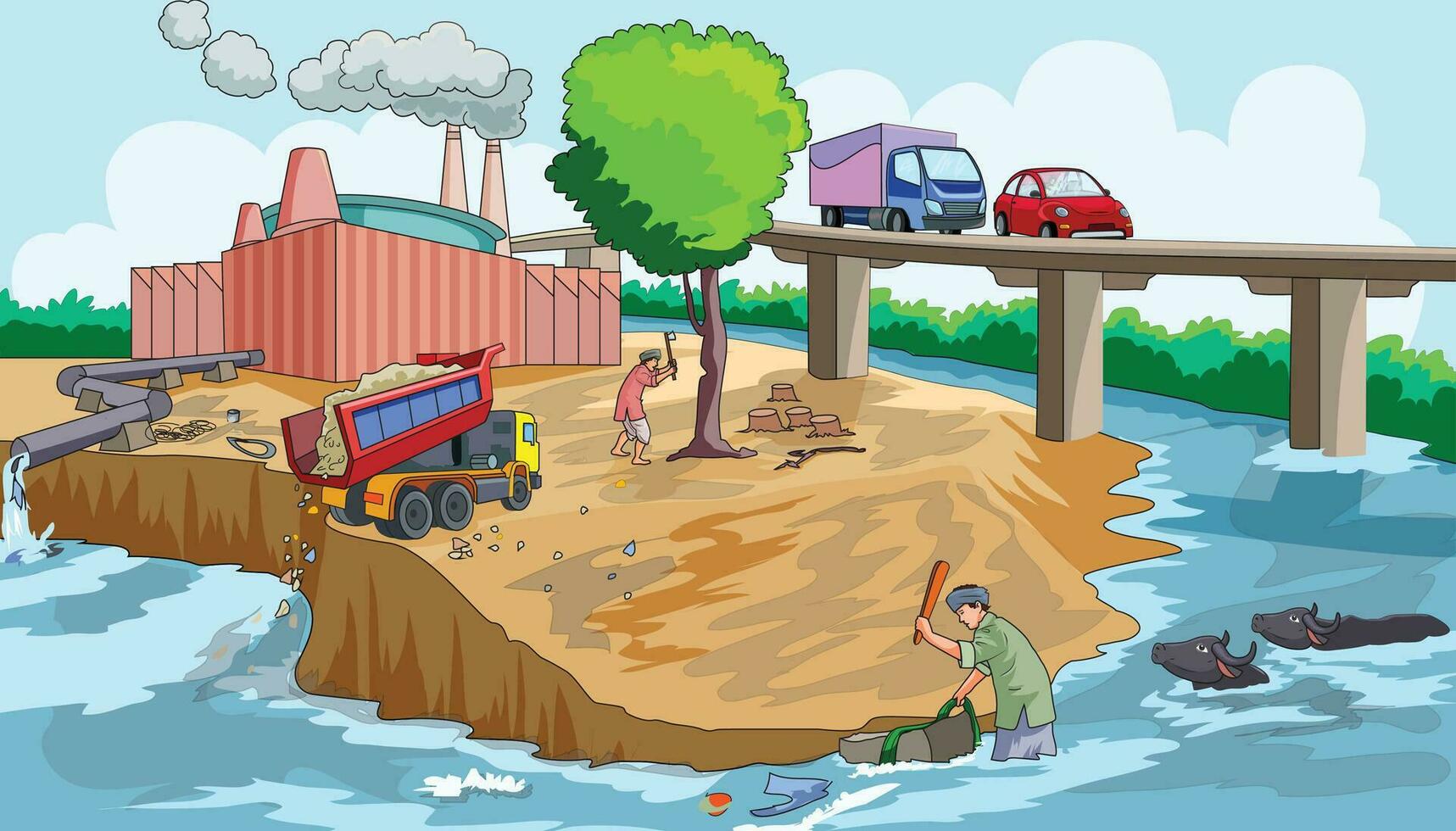 vettore illustrazione mostrando diverso tipi di inquinamento - acqua, aria e rumore