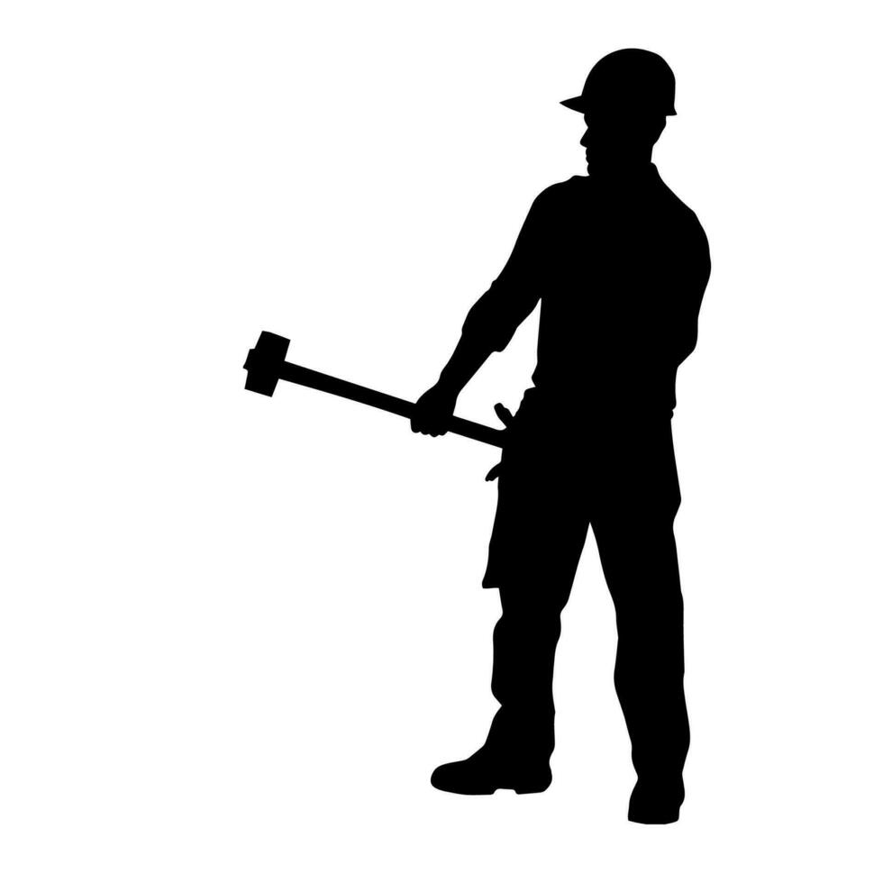 silhouette di un' lavoratore nel azione posa utilizzando il suo slitta martello attrezzo. vettore