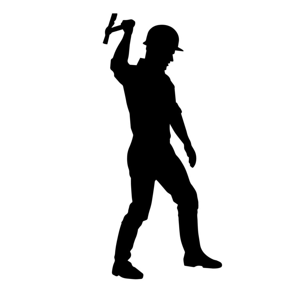 silhouette di un' lavoratore nel azione posa utilizzando il suo ascia attrezzo. vettore