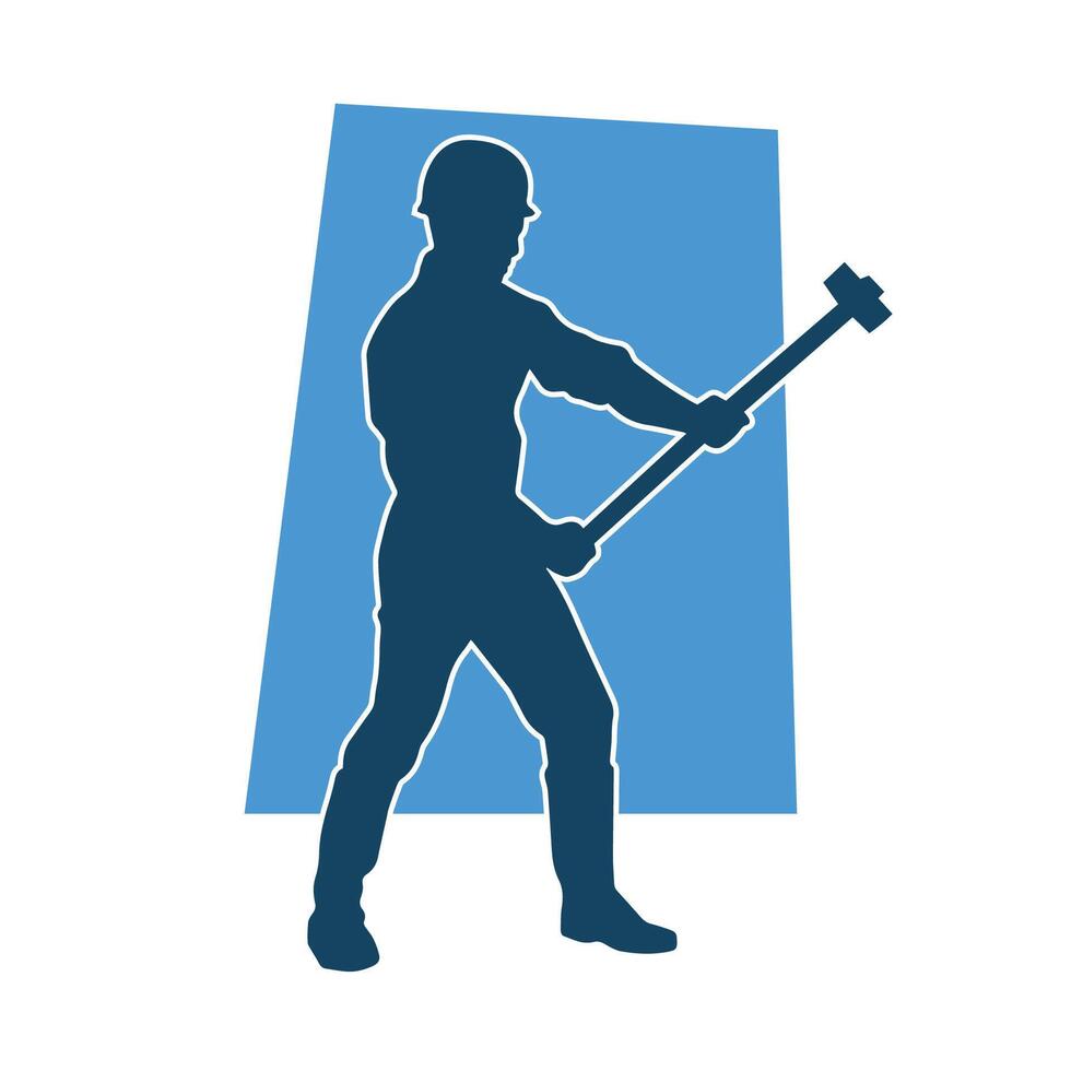 silhouette di un' lavoratore nel azione posa utilizzando il suo slitta martello attrezzo. vettore