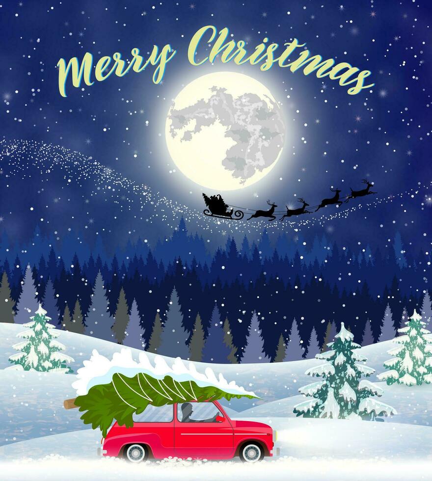 Natale carta design di auto con albero su il superiore vettore
