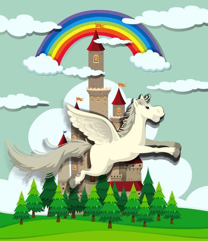 Unicorno che sorvola il castello vettore