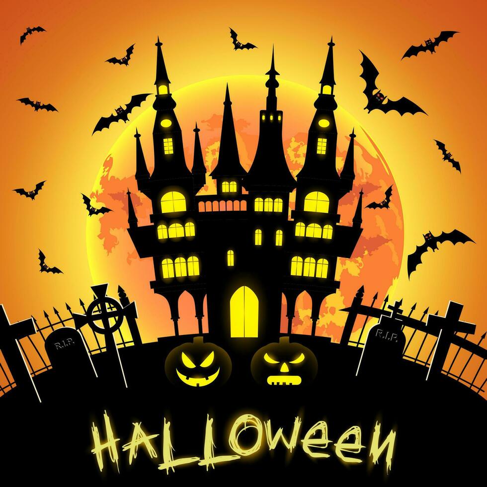 Halloween illustrazione con castello, tomba e pipistrelli vettore