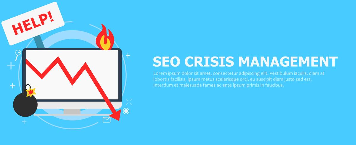 Gestione delle crisi di Seo. Il computer è in fiamme, bomba, tavolo Help.Vector illustrazione piatta vettore