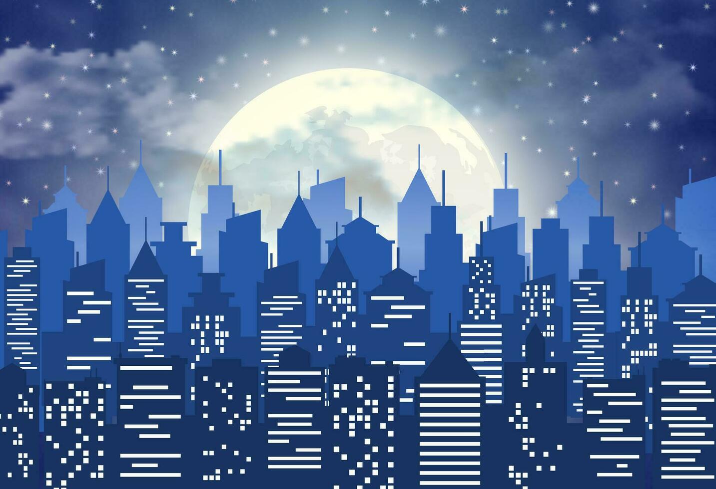 silhouette di il città con nuvoloso notte cielo vettore