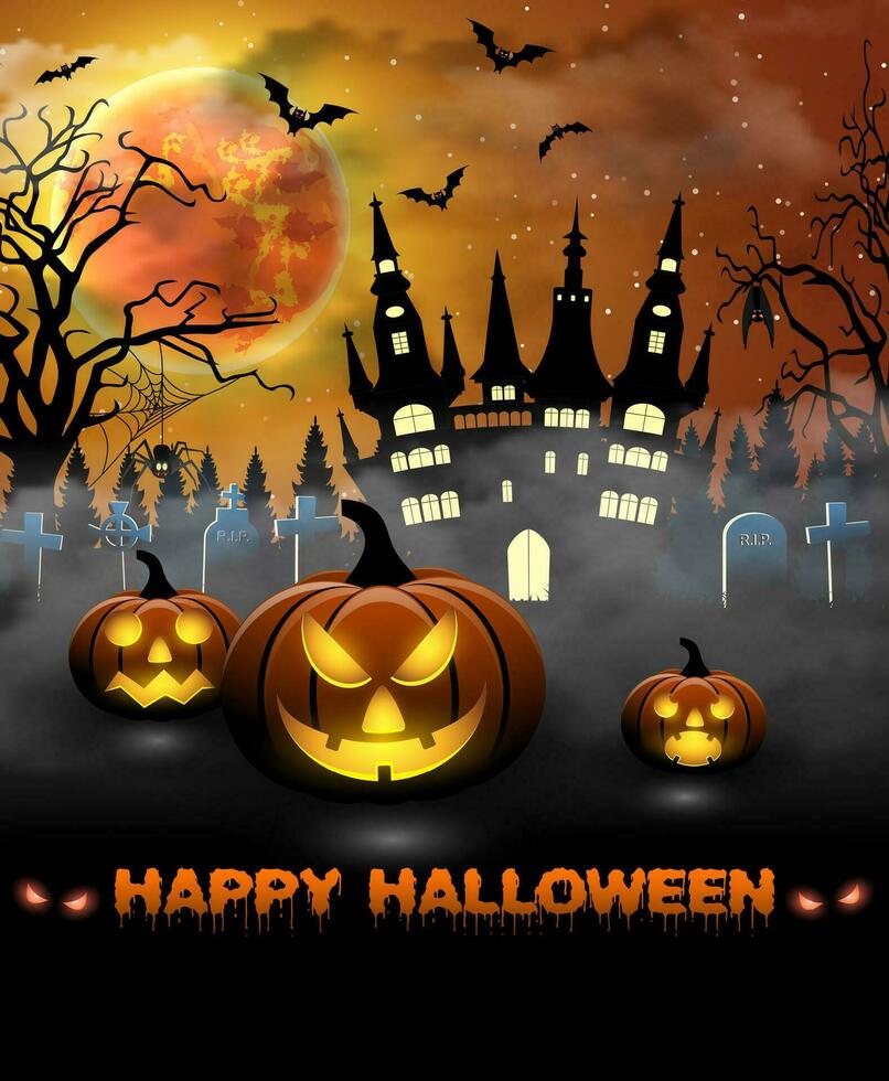 Halloween illustrazione con castello, tomba e pipistrelli vettore