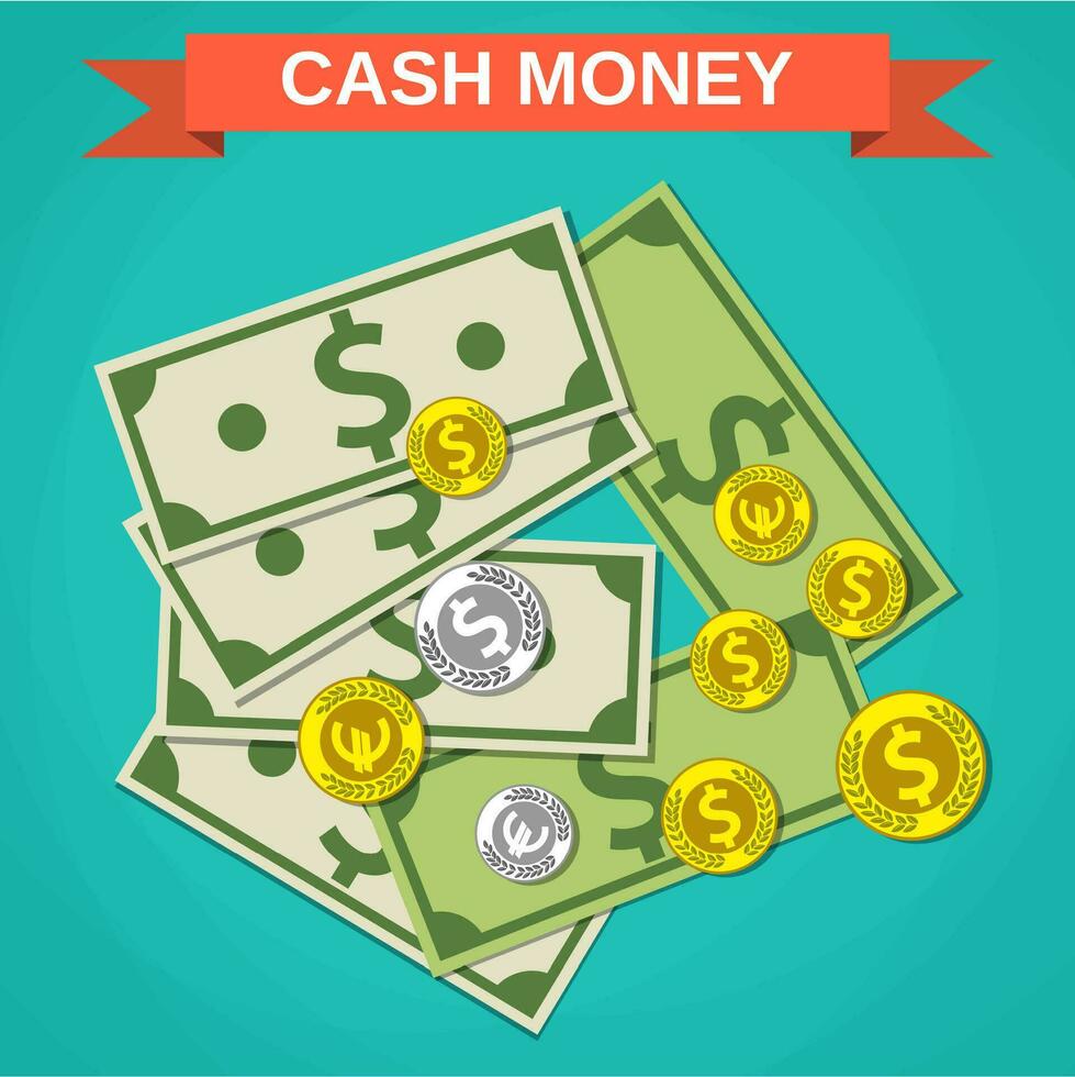 cartone animato i soldi Contanti, verde dollari e monete vettore