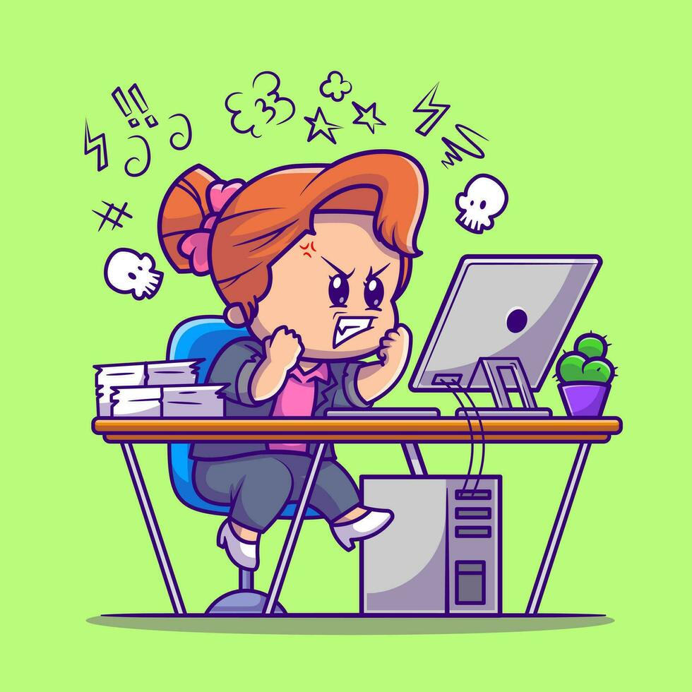 arrabbiato ragazza Lavorando su computer cartone animato vettore icona illustrazione. persone tecnologia icona concetto isolato premio vettore. piatto cartone animato stile