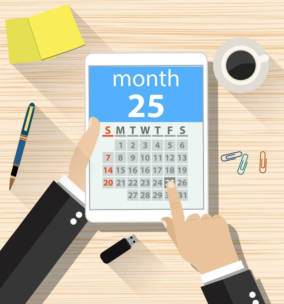 uomo d'affari click su il giorno calendario App vettore