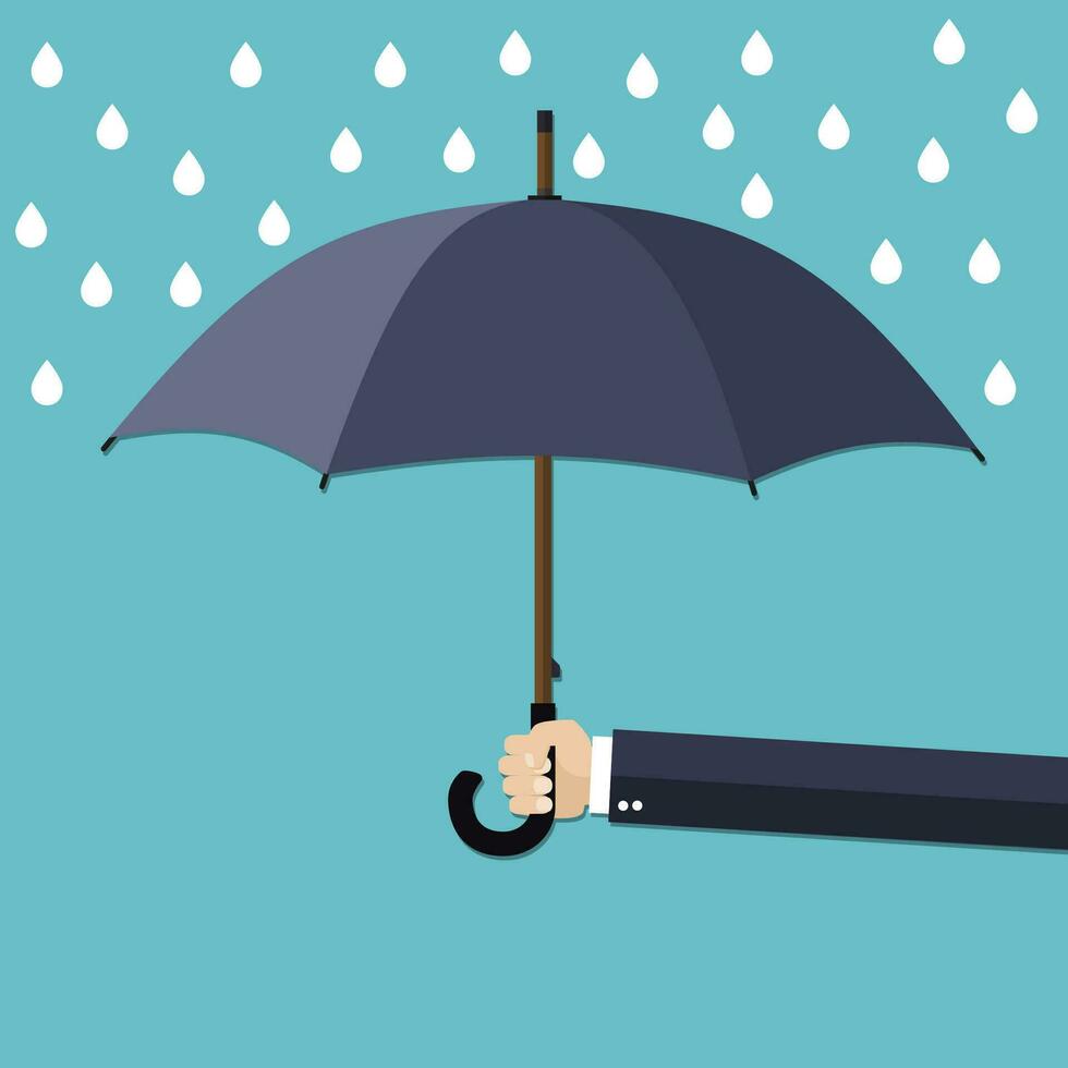 mano dell'uomo che tiene l'ombrello sotto la pioggia. vettore