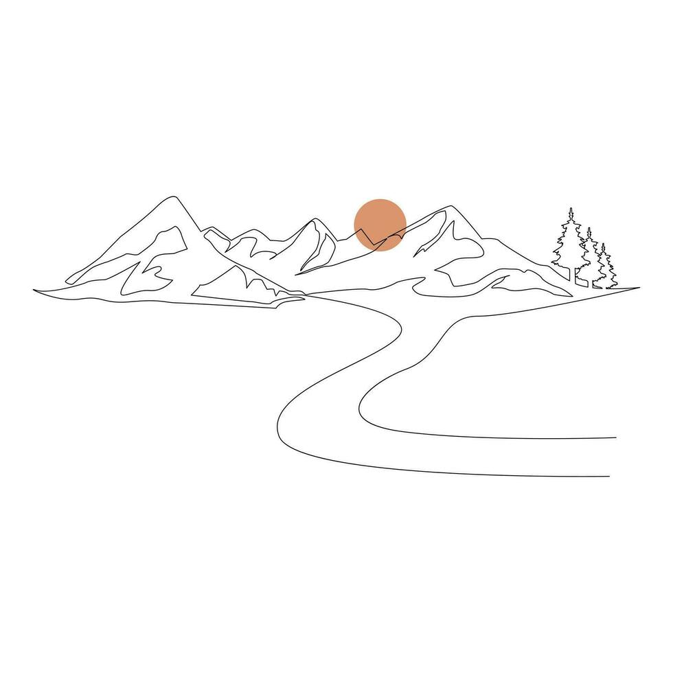 montagna gamma continuo uno linea disegno. semplice linea disegno di montagne e sole. moderno uno linea natura illustrazione vettore