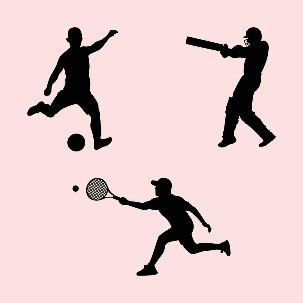 gli sport Giocatori, calcio cricket e tennis Giocatori silhouette vettore illustrazione