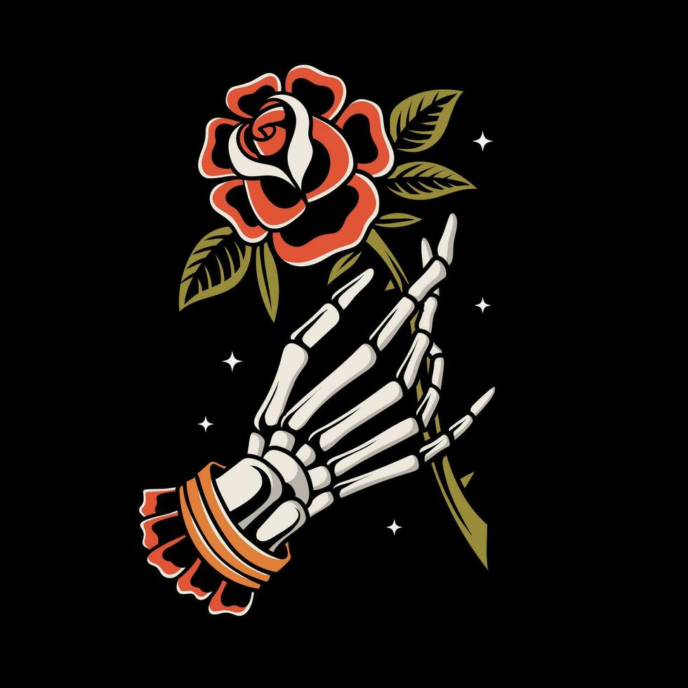 scheletro mano Tenere un' rosa vettore vecchio scuola tatuaggio Vintage ▾ tatuaggio stile illustrazione