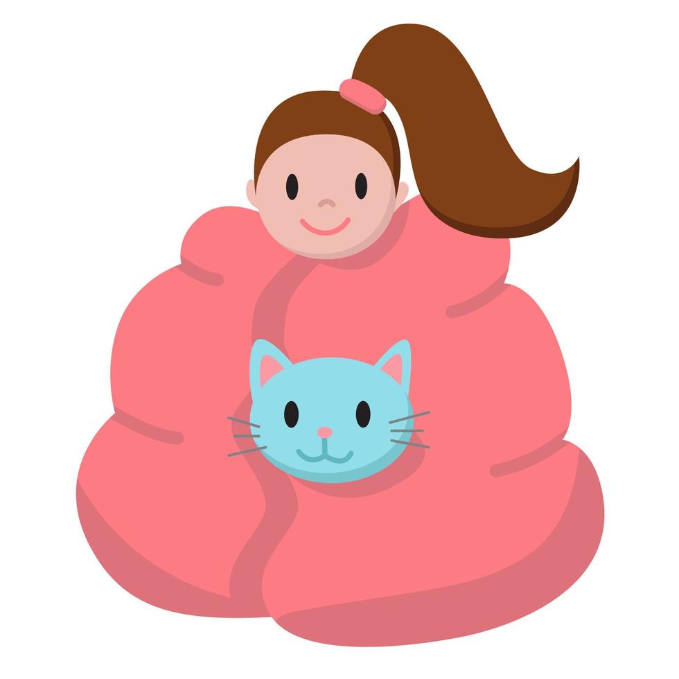 ragazza divertente cartone animato e il suo gatto seduti sotto la calda coperta a casa. illustrazione in stile piatto per pacchetto di adesivi, emoji. accogliente concetto di autunno e inverno. stampa per tessuti, banner, cartoline, decorazioni vettore