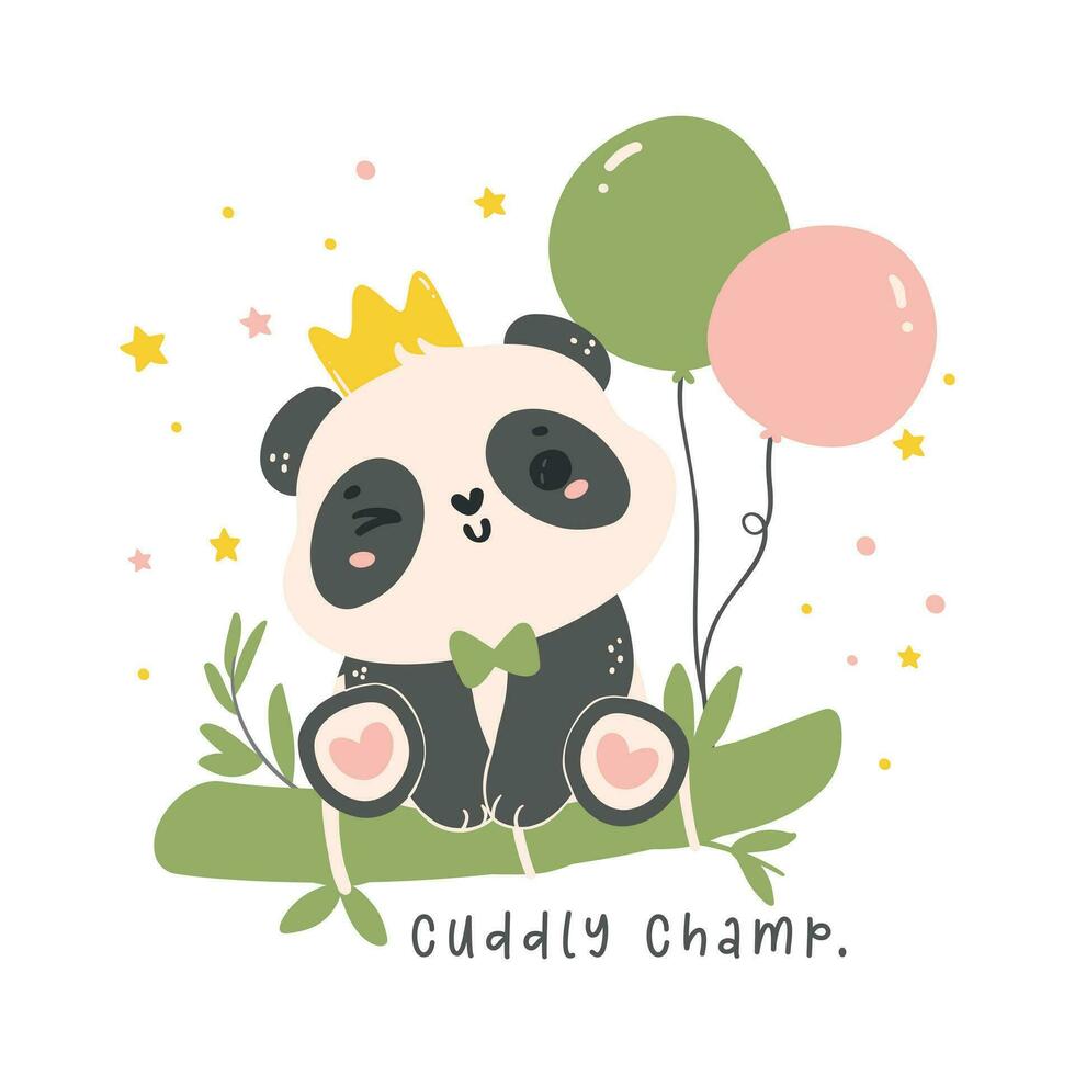adorabile cartone animato panda con bambù e palloncini, asilo bambino doccia ragazzo illustrazione. vettore