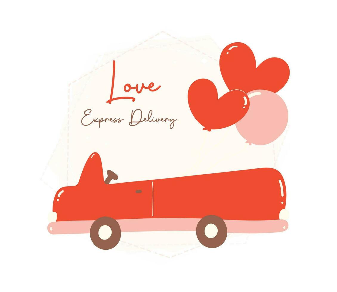 San Valentino amore consegna macchina. carino kawaii veicolo nel amore tema con palloncini nel piatto design. vettore