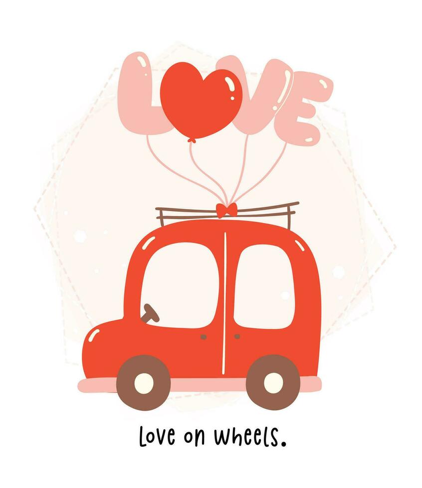 commovente San Valentino cartone animato. carino kawaii auto nel rosso e rosa tema con palloncini, cuore, e regalo scatola nel piatto design vettore