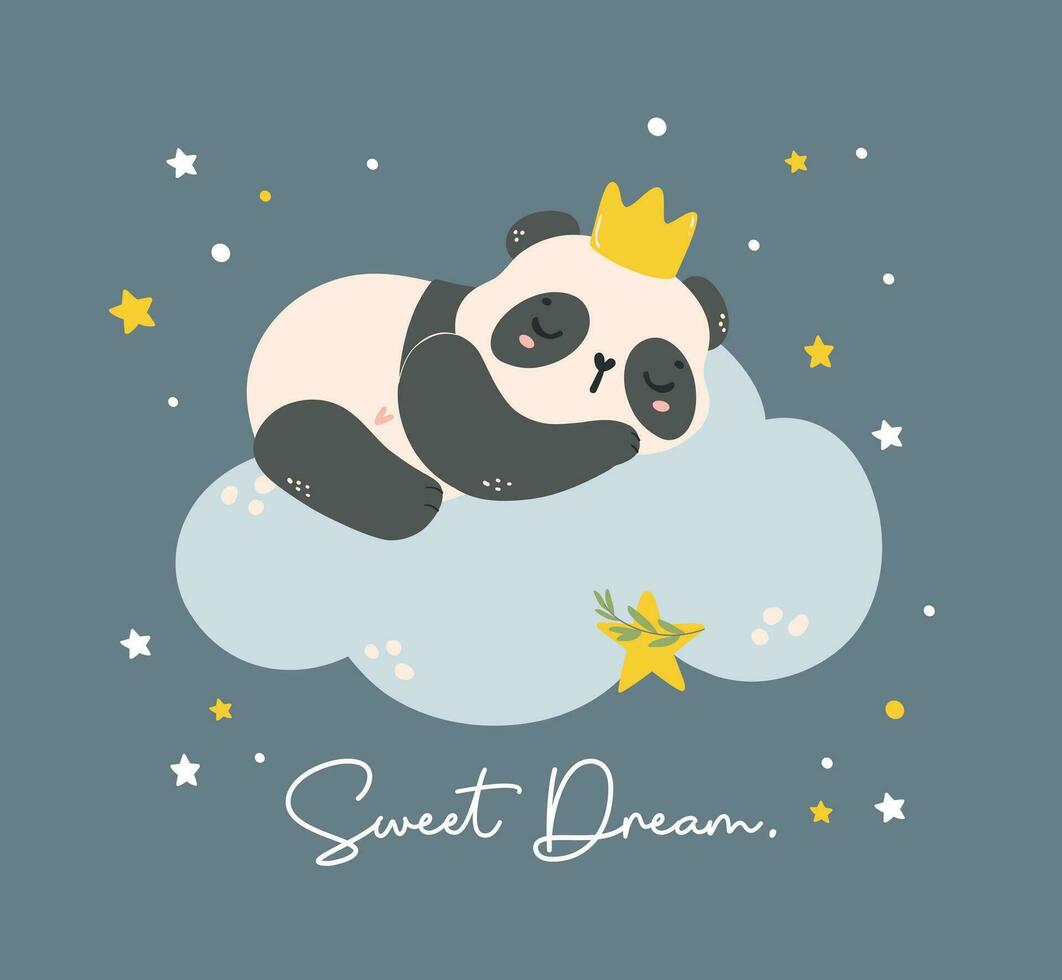 adorabile cartone animato panda asilo arte. carino mano disegnato illustrazione di un' bambino panda addormentato su un' ccloud, Perfetto per bambino doccia temi. vettore