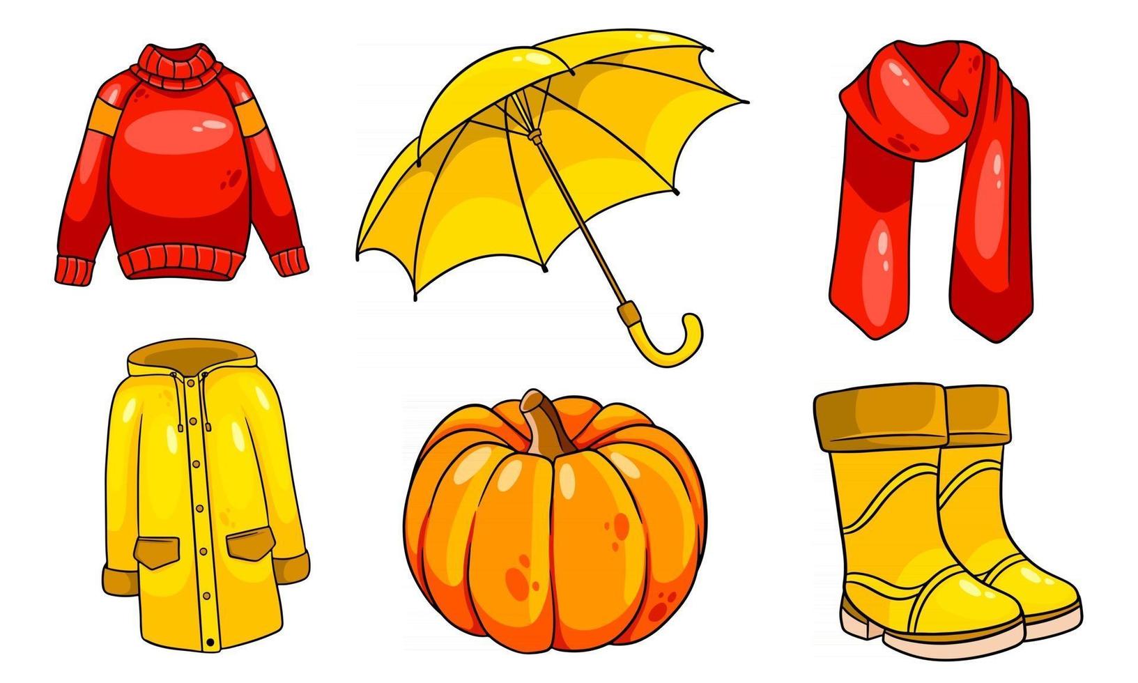 insieme autunnale. zucca, sciarpa, impermeabile, maglione, stivali di gomma, ombrello. vettore