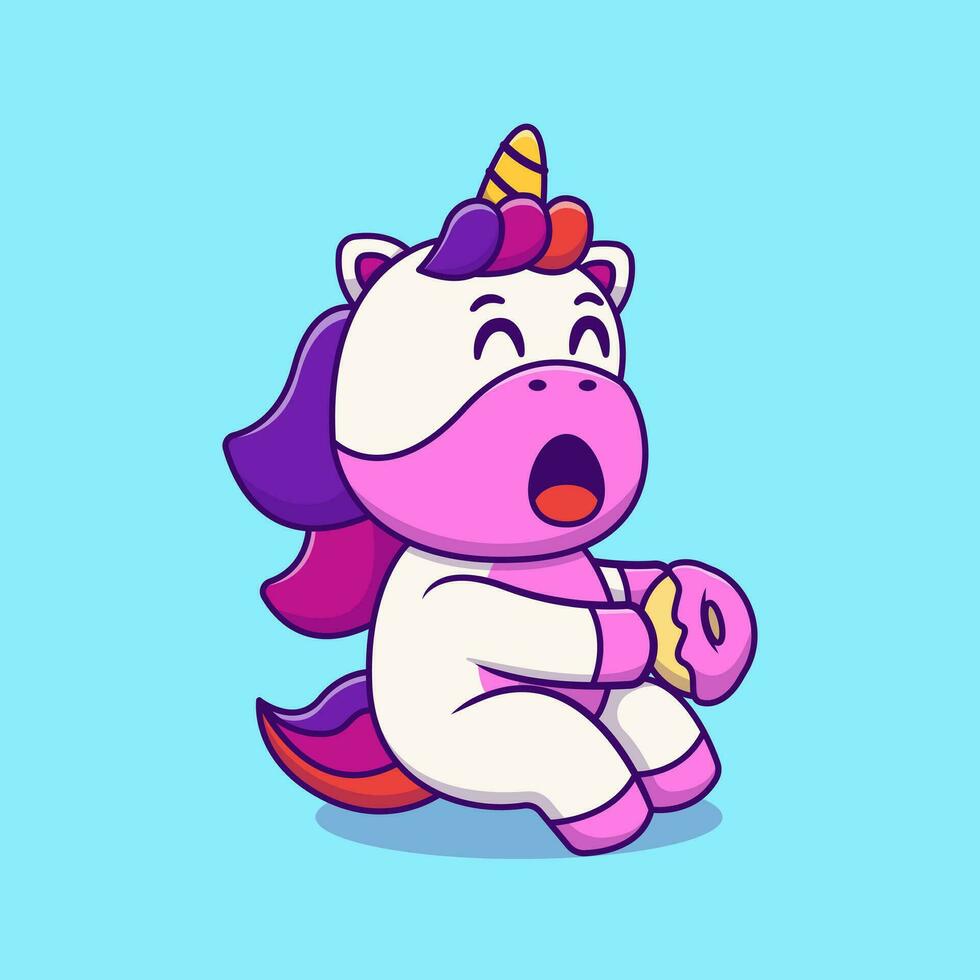 carino unicorno mangiare un' ciambella cartone animato vettore icone illustrazione. piatto cartone animato concetto. adatto per qualunque creativo progetto.