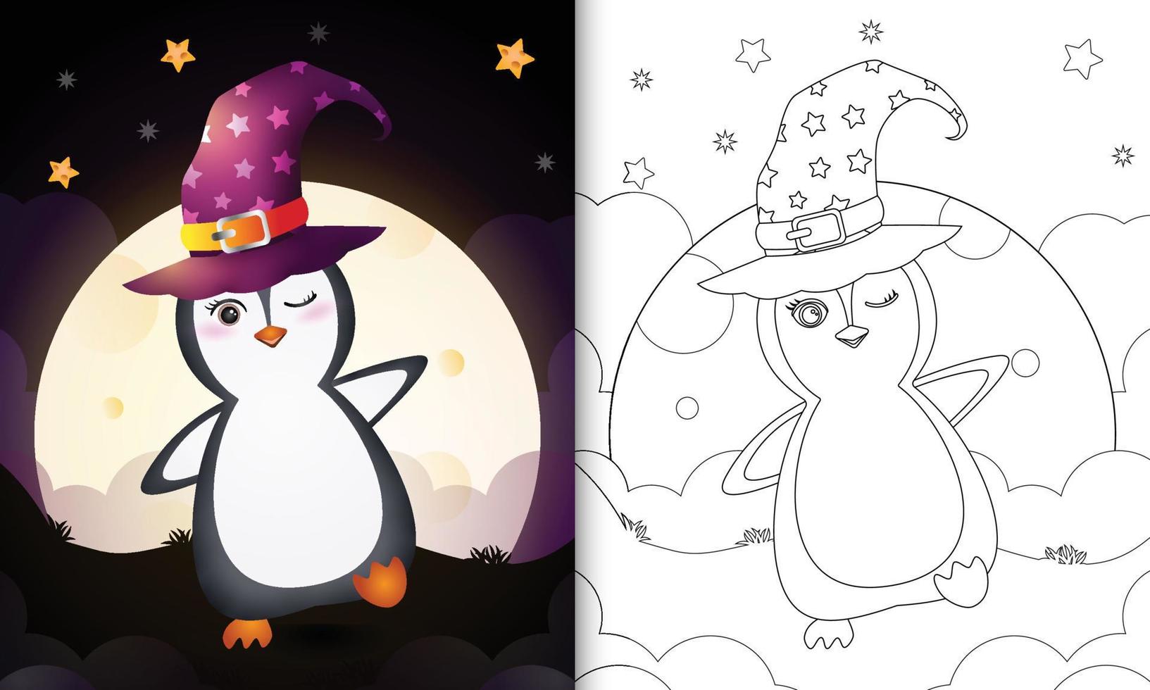 libro da colorare con un simpatico cartone animato halloween strega pinguino davanti alla luna vettore