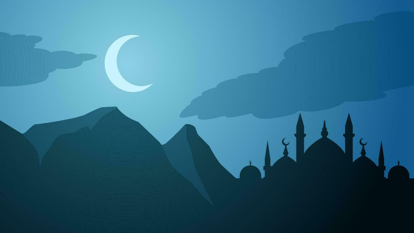 moschea silhouette nel il notte con mezzaluna Luna. Ramadan paesaggio design grafico nel musulmano cultura e Islam religione. moschea paesaggio vettore illustrazione, sfondo o sfondo
