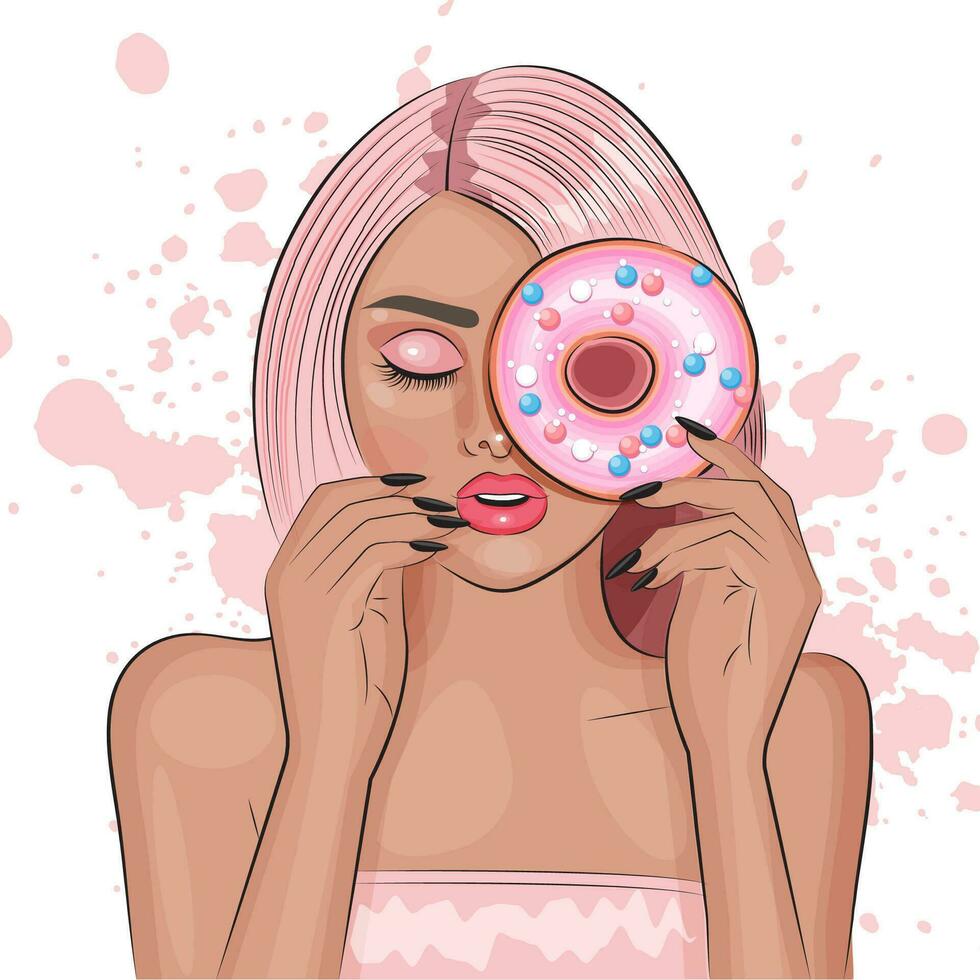 bellissimo ragazza con rosa capelli coperture sua occhio con un' ciambella vettore illustrazione