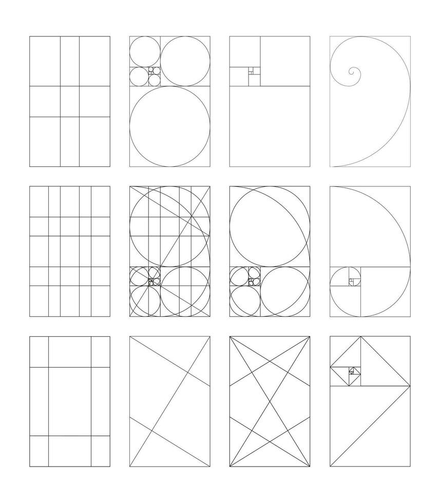 impostato di d'oro rapporto modello. metodo d'oro sezione. fibonacci Vettore, numeri. armonia proporzioni collezione. schema vettore grafico illustrazione. geometrico figure. eps.