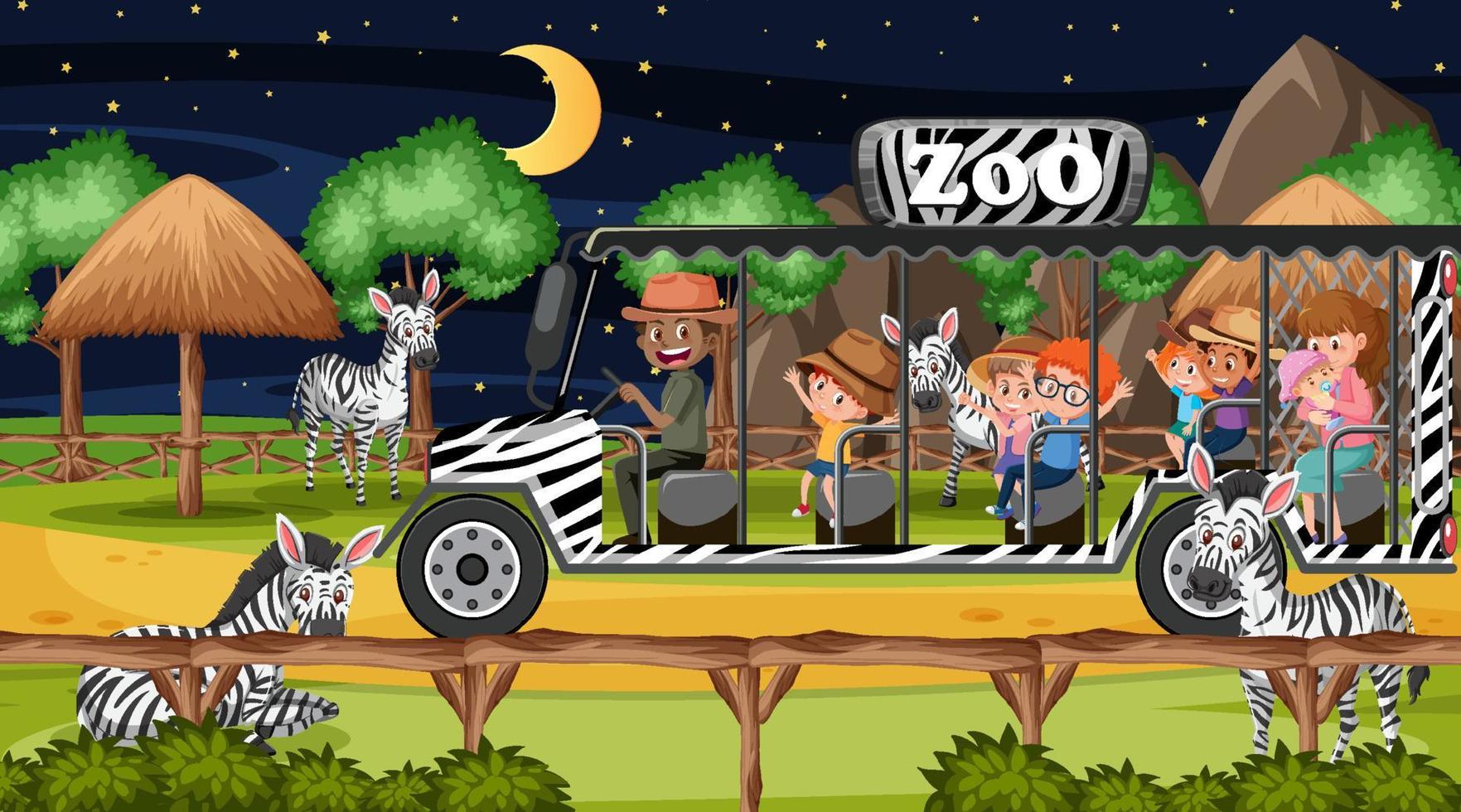 safari in scena notturna con molti bambini che guardano il gruppo di zebre vettore
