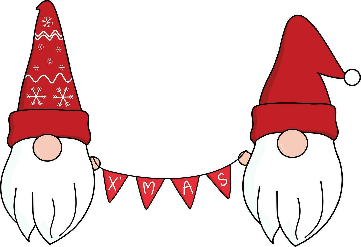 carino Due gnomi nel rosso Santa clausola cappello Tenere triangolo bandiere insieme celebrare Natale e nuovo anno. vettore. vettore