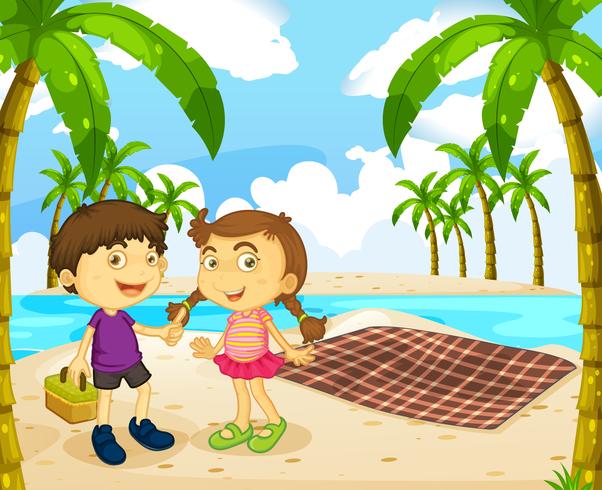 Ragazzo e ragazza picnic sulla spiaggia vettore