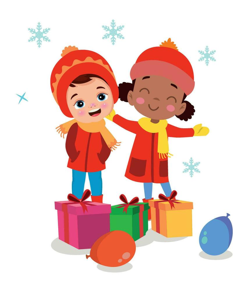 allegro Natale e contento bambini nuovo anno saluto carta con carino Santa Claus poco pupazzo di neve con i regali. vettore