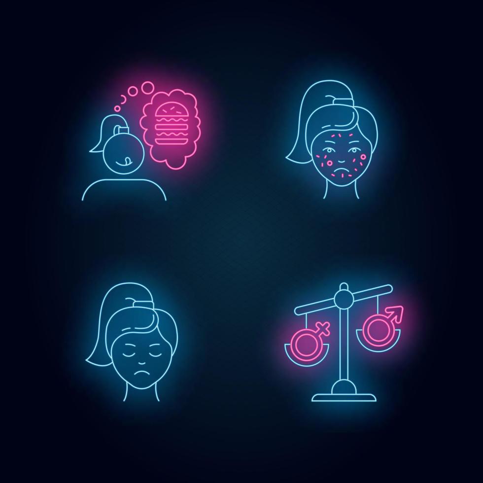 set di icone di luce al neon per la sindrome premestruale vettore
