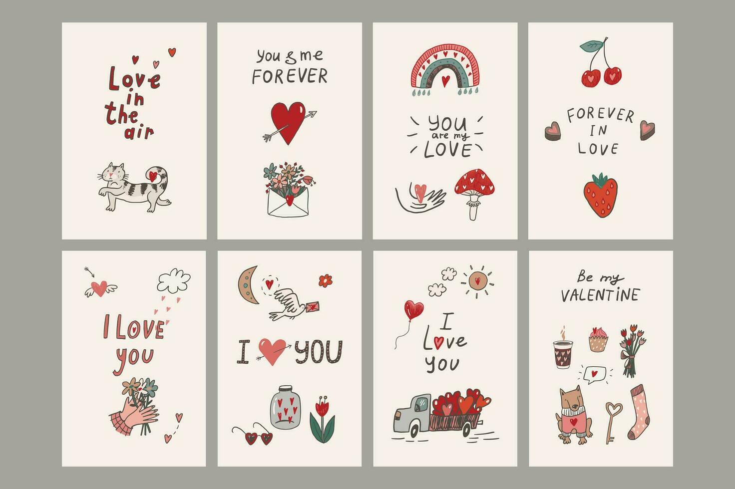 San Valentino giorno amore scarabocchio oggetti cartoline illustrazioni impostare. vettore