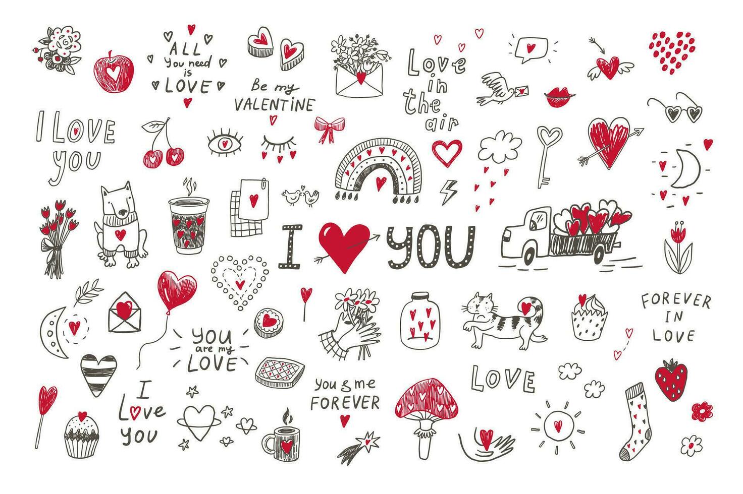 San Valentino giorno amore scarabocchio oggetti illustrazioni impostare. vettore