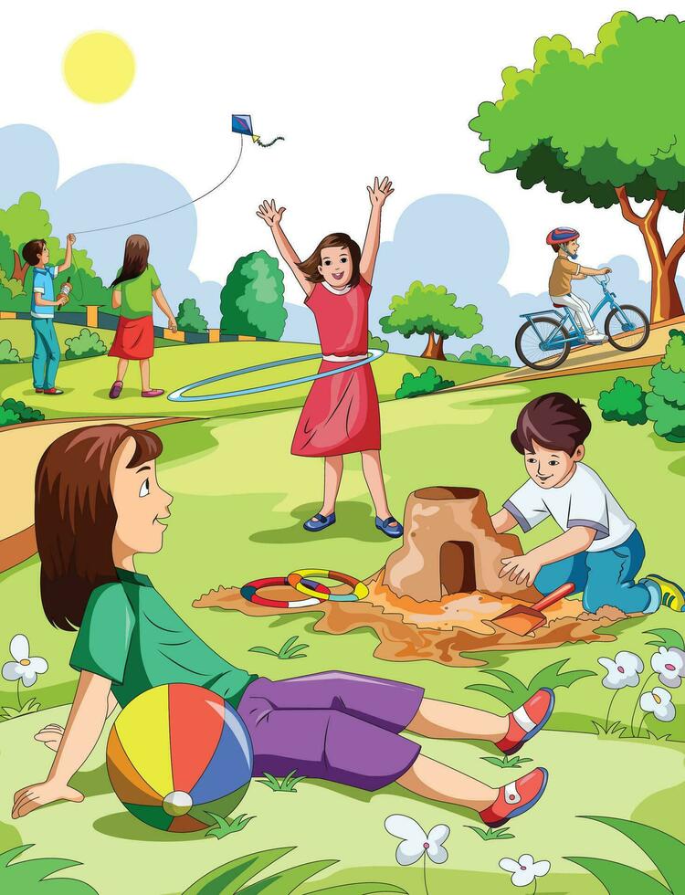 bambini giocando e godendo nel il parco vettore