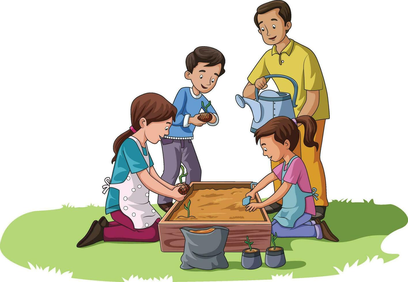carino bambini preparazione suolo e mettendo alberelli vettore