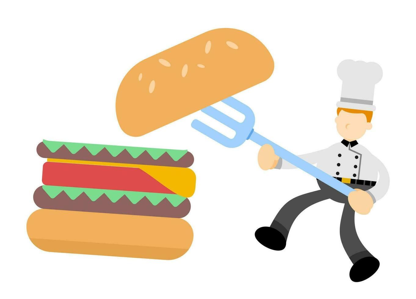 capocuoco cucinando e mangiare hamburger veloce cibo cartone animato scarabocchio piatto design stile vettore illustrazione