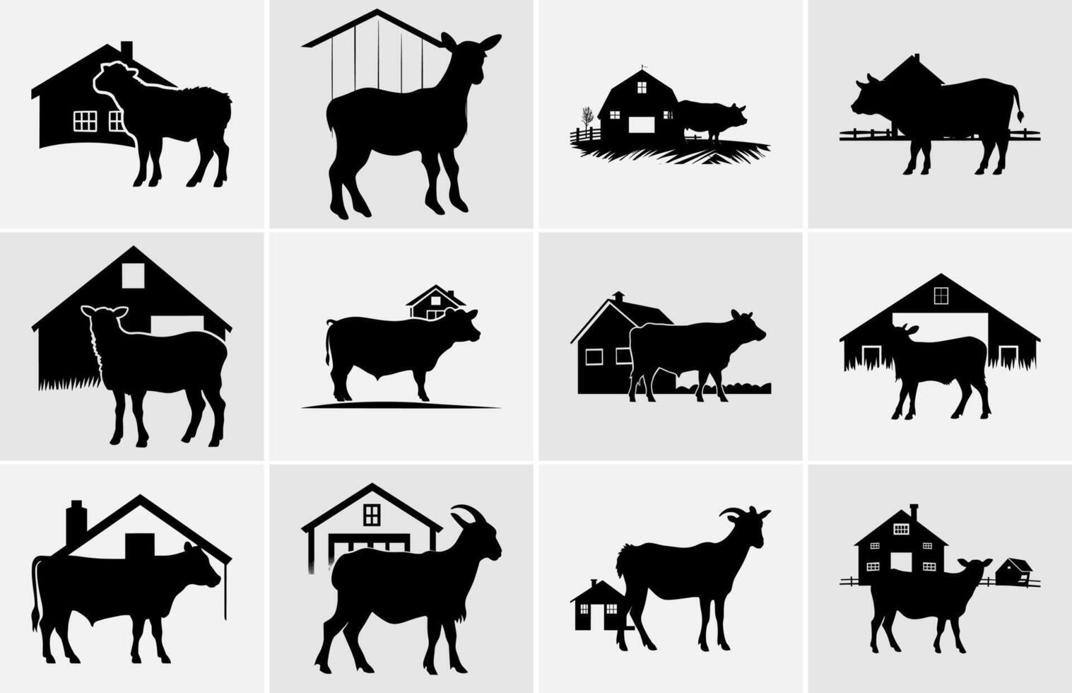 azienda agricola animali nel silhouette, terreni agricoli silhouette paesaggio vettore illustrazione.