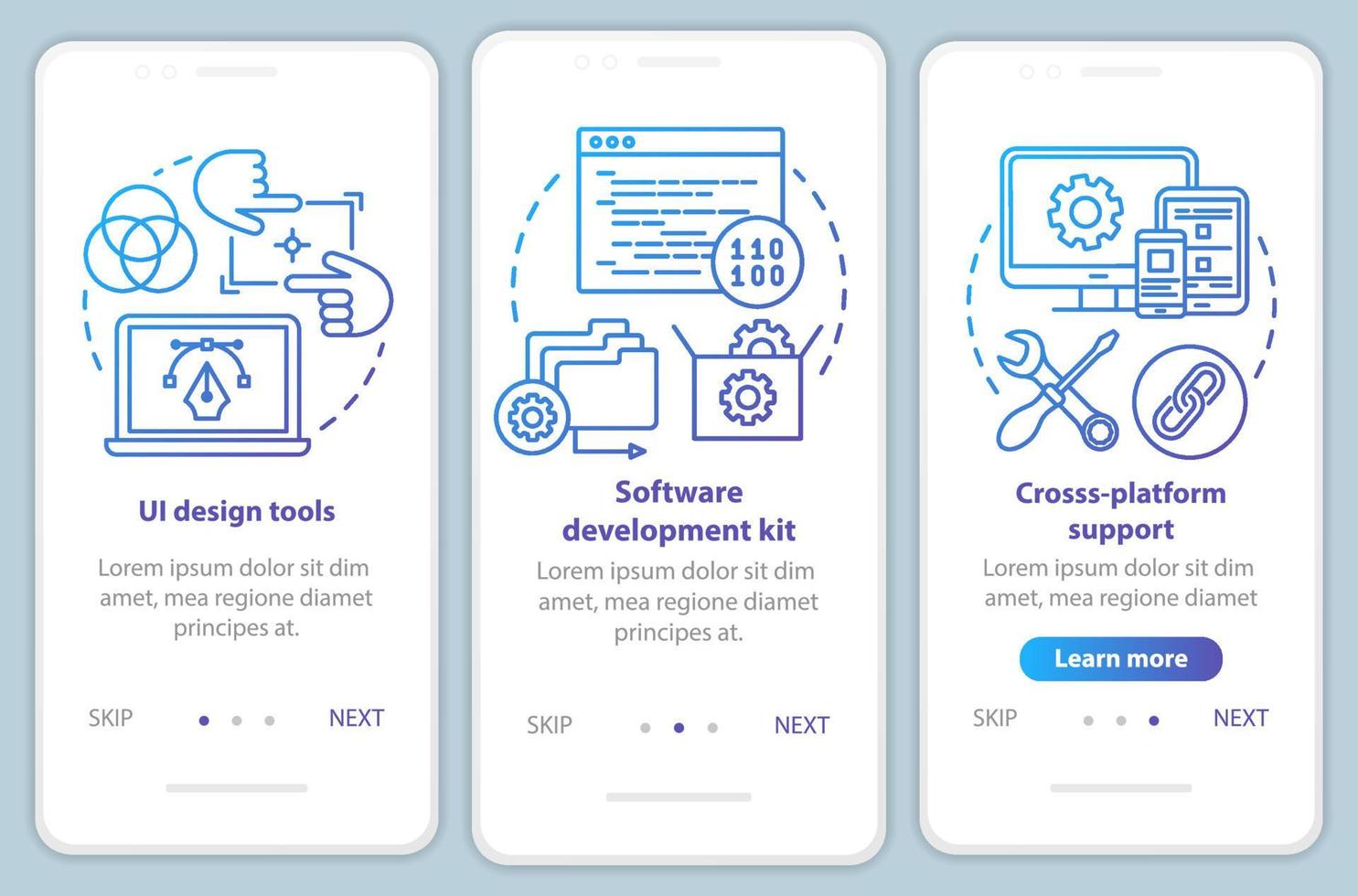 modello vettoriale della schermata della pagina dell'app mobile onboarding dello sviluppo software