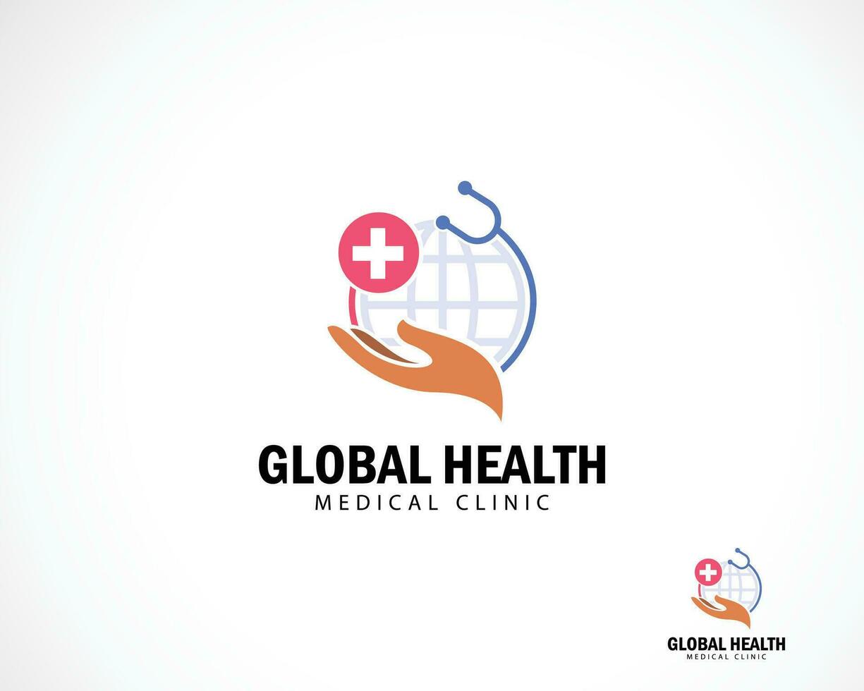 globale Salute logo creativo design concetto medico clinica cura simbolo mano più vettore