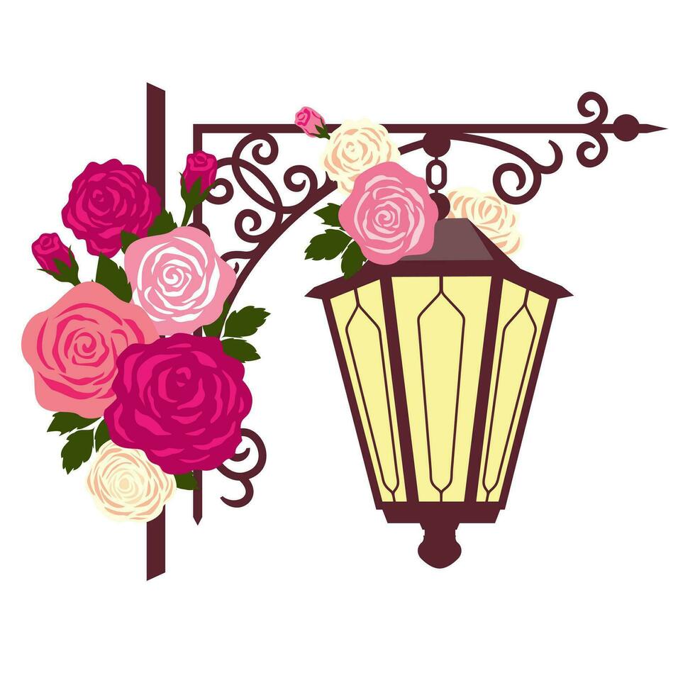 sospeso romantico lanterna con fiori. Vintage ▾ lanterna su un' forgiato montare decorato con Rose per San Valentino giorno. illustrato vettore clipart.