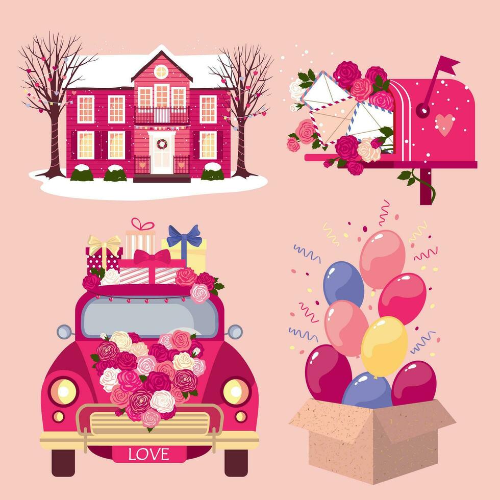 un' impostato di romantico vettore illustrazioni per San Valentino giorno. decorato Casa per San Valentino giorno. un' auto decorato con fiori. un' cartone scatola con volante palle. illustrato vettore clipart.